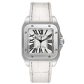 Cartier Santos 100 Steel Midsize White Strap Mens Watch