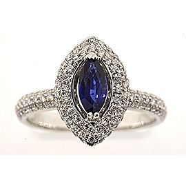 Diamond Halo Ring 18k White Gold Marquise Blue Sapphire Micro Pave 3/4ct 6.75