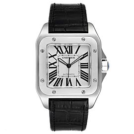 Cartier Santos 100 Silver Dial Black Strap Steel Mens Watch W20073X8