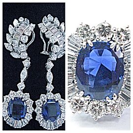 Platinum Cushion Cut Burma/Madagascar Sapphire Diamond Earrings & Ring 25.97Ct