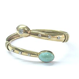 Fine Vintage Turquoise Diamond Bypass Yellow Gold Bangle Bracelet