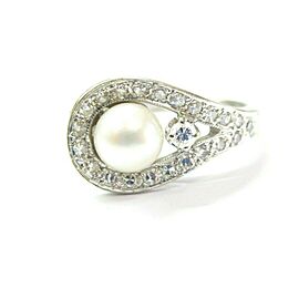 Vintage Pearl & Diamond Ring 14Kt White Gold