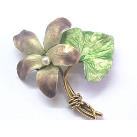 Vintage Green & Purple Enamel Pearl Flower Leaf Yellow Gold Pin Brooch