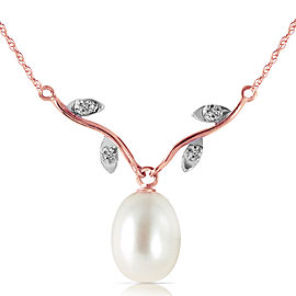 14K Solid Rose Gold Necklace with Natural Diamonds & Cultured Pearl