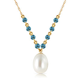 5 CTW 14K Solid Gold Necklace Natural Blue Topaz Cultured Pearl