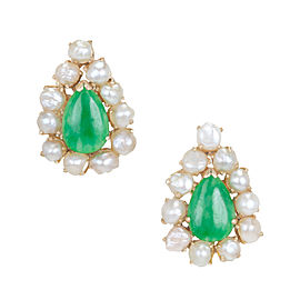 14K Yellow Gold Jadeite Jade & Pearl Earrings