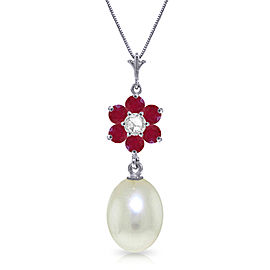 4.53 CTW 14K Solid White Gold Necklace Natural Cultured Pearl, Ruby Diamond