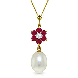 4.53 CTW 14K Solid Gold Necklace Natural Cultured Pearl, Ruby Diamond