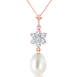 4.53 CTW 14K Solid Rose Gold Necklace Natural Cultured Pearl, Aquamarine Diamond