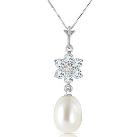 4.53 CTW 14K Solid White Gold Necklace Natural Cultured Pearl, Aquamarine Diamond