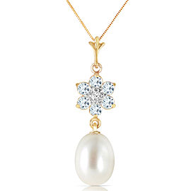 4.53 CTW 14K Solid Gold Necklace Natural Cultured Pearl, Aquamarine Diamond
