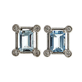 14K White Gold Diamond Emerald Cut Aquamarine Earrings