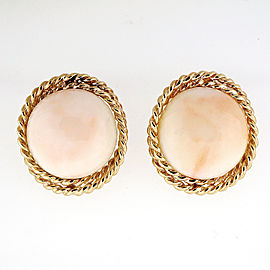 Vintage 14K Yellow Gold Natural Light Pink Coral Twisted Wire Border Earrings