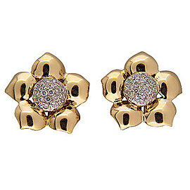 18k Yellow and White Gold 1.00ctw Pave Diamond Vintage 3-D Button Flower Style Earrings