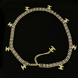 Chanel Vintage 97P CC Chain - 9 Charms - Black Leather Gold Tone Necklace / Belt