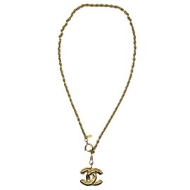 CHANEL - Vintage 80s Interlocking Gold CC Quilted Pendant Chain Link - Necklace