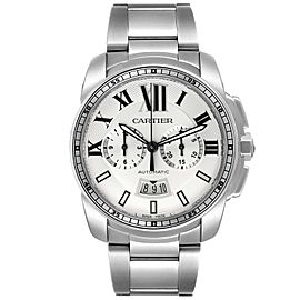 Cartier Calibre Silver Dial Chronograph Mens Watch W7100045 Box Papers