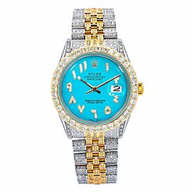 ROLEX DATEJUST 36MM WATCH 1601 STEEL AND YELLOW GOLD TURQUOISE DIAL ICED OUT
