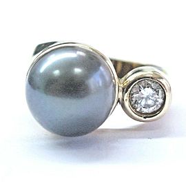 Fine NATURAL Black Pearl & Diamond Yellow Gold Jewelry Ring 10.5mm .25Ct 14KT