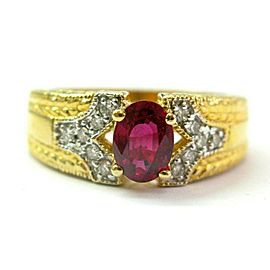 Oval Ruby & Diamond Yellow Gold Milgrain Ring 14Kt .90Ct+.65Ct SIZEABLE