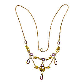 14K Yellow Gold with 4.00ct Pear, 2.40ct Round Amethyst & Pearl Vintage Pendant Necklace