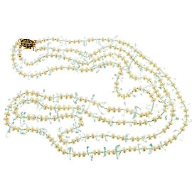 Vintage 14K Yellow Gold with Gumps Tumbled Aqua Bead Freshwater Pearl 2 Strand Necklace