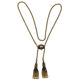 Victorian 14K Yellow Gold Black Enamel & Pearl Double Tassel Patina Pendant Necklace