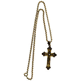 12K Yellow Gold & Pearl Eutruscian Revival Cross Pendant Necklace