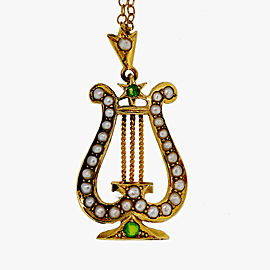 15k & 18K Yellow Gold Garnet Cultured Pearl Vintage Victorian Harp Pendant Necklace