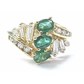 Green Emerald & Diamond Ring 14Kt Yellow Gold Oval & Baguettes
