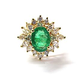 Green Emerald & Diamond Ring 14Kt Yellow Gold