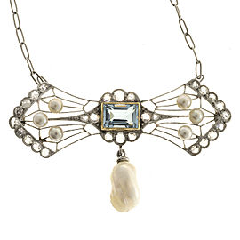 Platinum with 0.85ct Aquamarine Pearl & Diamond Vintage Pendant Necklace