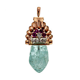 14K Rose Gold 27.00ct Aquamarine Ruby Diamond Art Deco Pendant