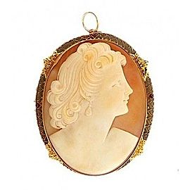 Estate 1930 14k Yellow Gold Shell Coral Heart Cameo Oval Pendant Woman Profile