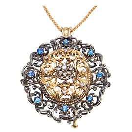 18K Yellow Gold & Silver with Diamond & Sapphire Pin Pendant Necklace