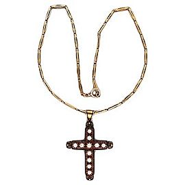 14k Yellow Gold VIntage 1830s Black Enamel Saltwater Cultured Pearl Cross Necklace