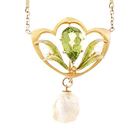 14k Yellow Gold Victorian Art Nouveau 1900 Pendant Natural Cultured Pearl Necklace