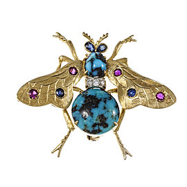 Vintage Bee Pin Natural Turquoise Ruby Sapphire & Diamond 18k Yellow Gold