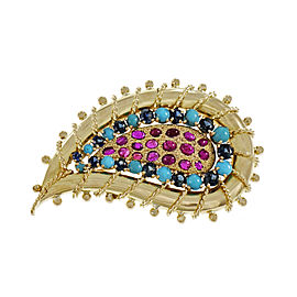 Yellow Gold Ruby Turquoise Sapphire Vintage Pin 1950s