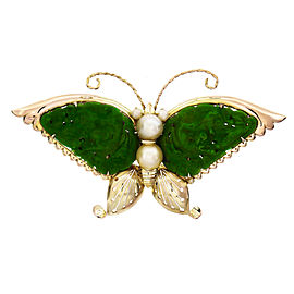Vintage 1940 Butterfly Pin Carved Omphacite Jade Wings Pearls 14k GIA