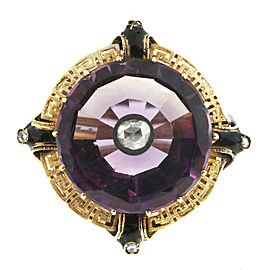 Vintage 14K Yellow Gold and Black Enamel Flat Top Amethyst and Rose Cut Diamond Ring Size 5.50