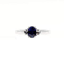 Vintage 18K White Gold with 0.60ct Oval Sapphire & 0.25ct Half Moon Diamond Ring Size 7