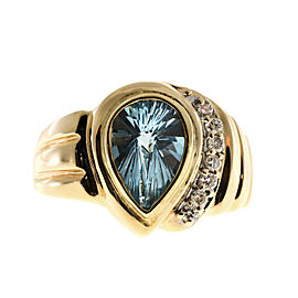 Vintage 14K Yellow Gold with 2.25ct Pear Sky Blue Topaz & 0.10ct Diamond Swirl Ring Size 7