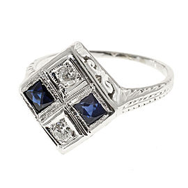 Vintage Art Deco 18K White Gold 0.40ct Calibre Sapphire & 0.10ct Diamond Ring Size 5
