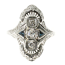Art Deco 18K White Gold with 0.18ct. Diamond & Sapphire Filigree Ring Size 8