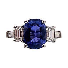 Vintage 4.40ct Natural Sapphire .95ct Emerald Cut .50ct Diamond Platinum Ring