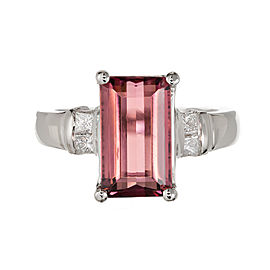 Vintage 14k White Gold Diamond and 3.85ct Natural Pink Emerald Cut Tourmaline Ring Size 6.25