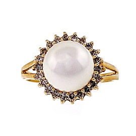 Vintage 14K Yellow Gold Cultured High Grade Pearl & 0.22ct Diamond Ring Size 5