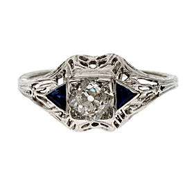 18K White Gold Diamond & Sapphire Filigree Ring Size 6