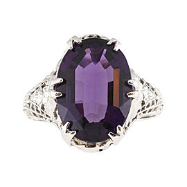 Vintage Art Deco Filigree 14K White Gold with 5.00ct Purple Amethyst Ring Size 6